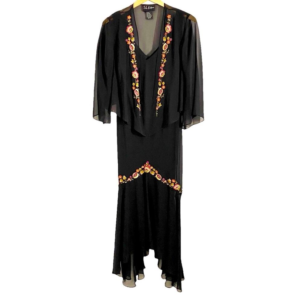S.L. Fashions Vintage Y2K Black & Colorful Floral Dress & Jacket, Size 10